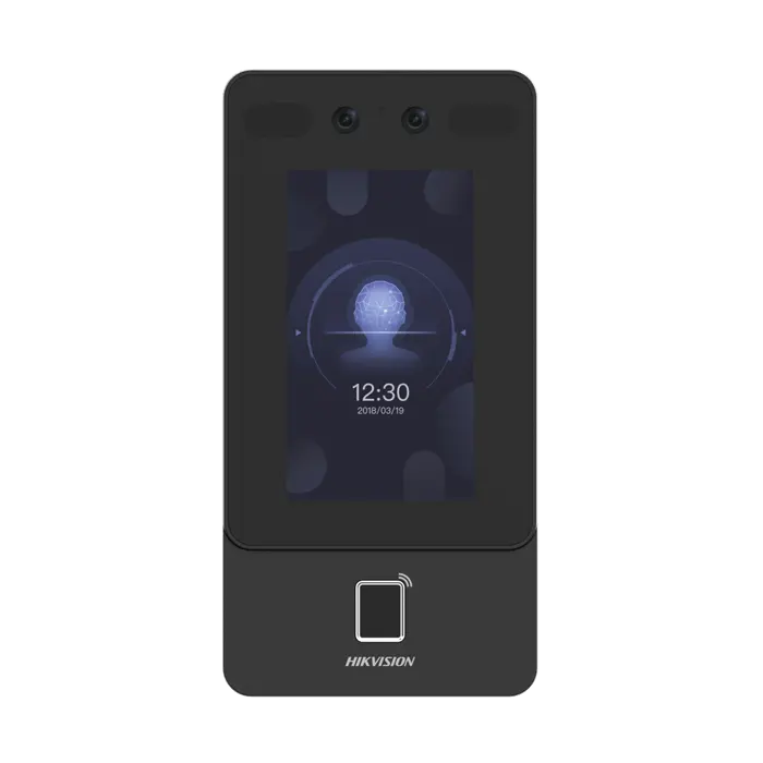 Terminal Min Moe PoE & WiFi de Reconocimiento Facial y Huella con Lector MIFARE / Exterior IP65 / Hasta 1.5 mts en Lectura de Rostro / Soporta P2P / 1,500 Rostros / 3,000 Huellas / Salida 12 Vcd para Chapa / PoE / SIP Estandar / HIK-IA