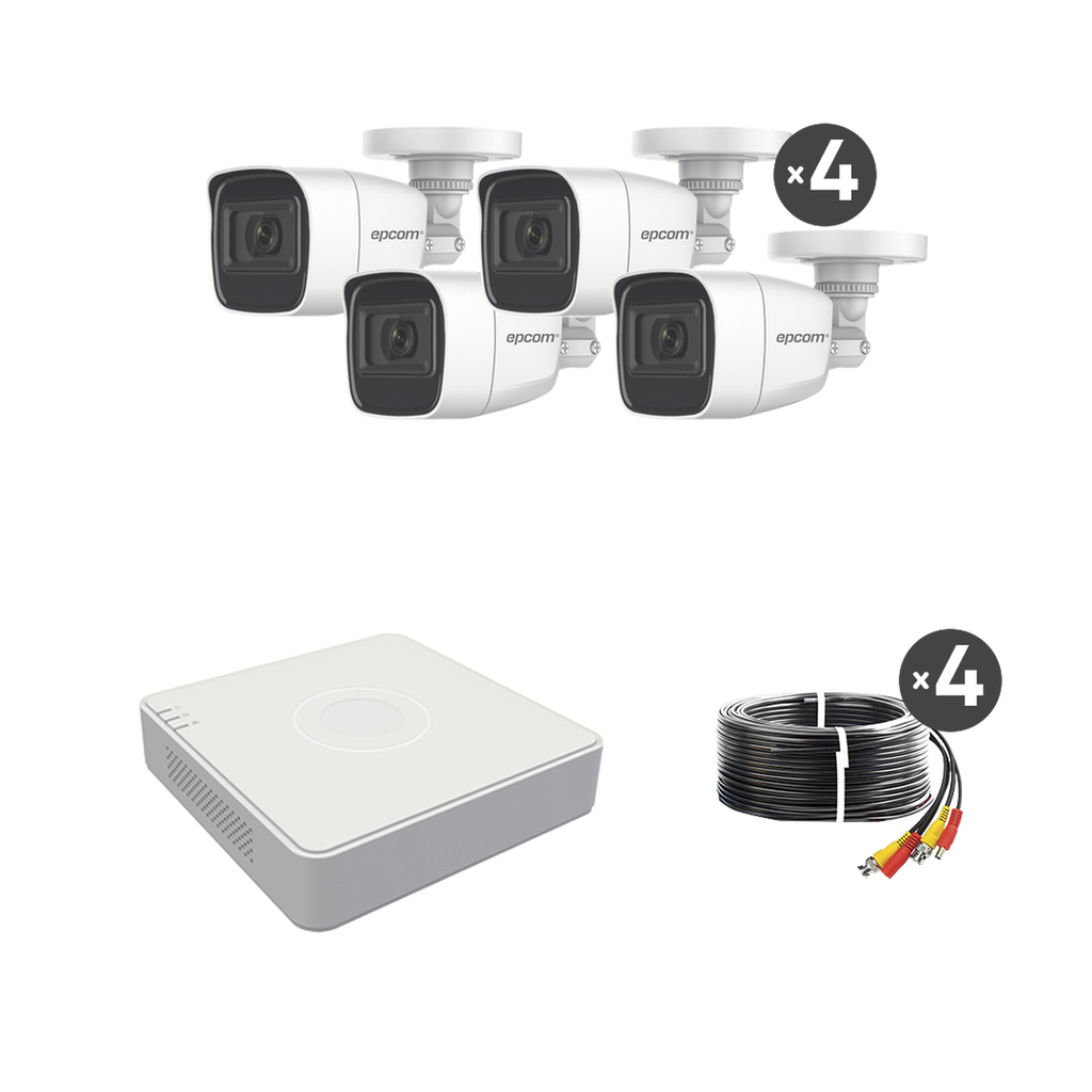 [B8-KIT-MIC] (MICRÓFONO Integrado) Kit TurboHD 1080p Lite / DVR 4 canales / Audio por Coaxitron / 4 Cámaras Bala de Metal con Micrófono Integrado