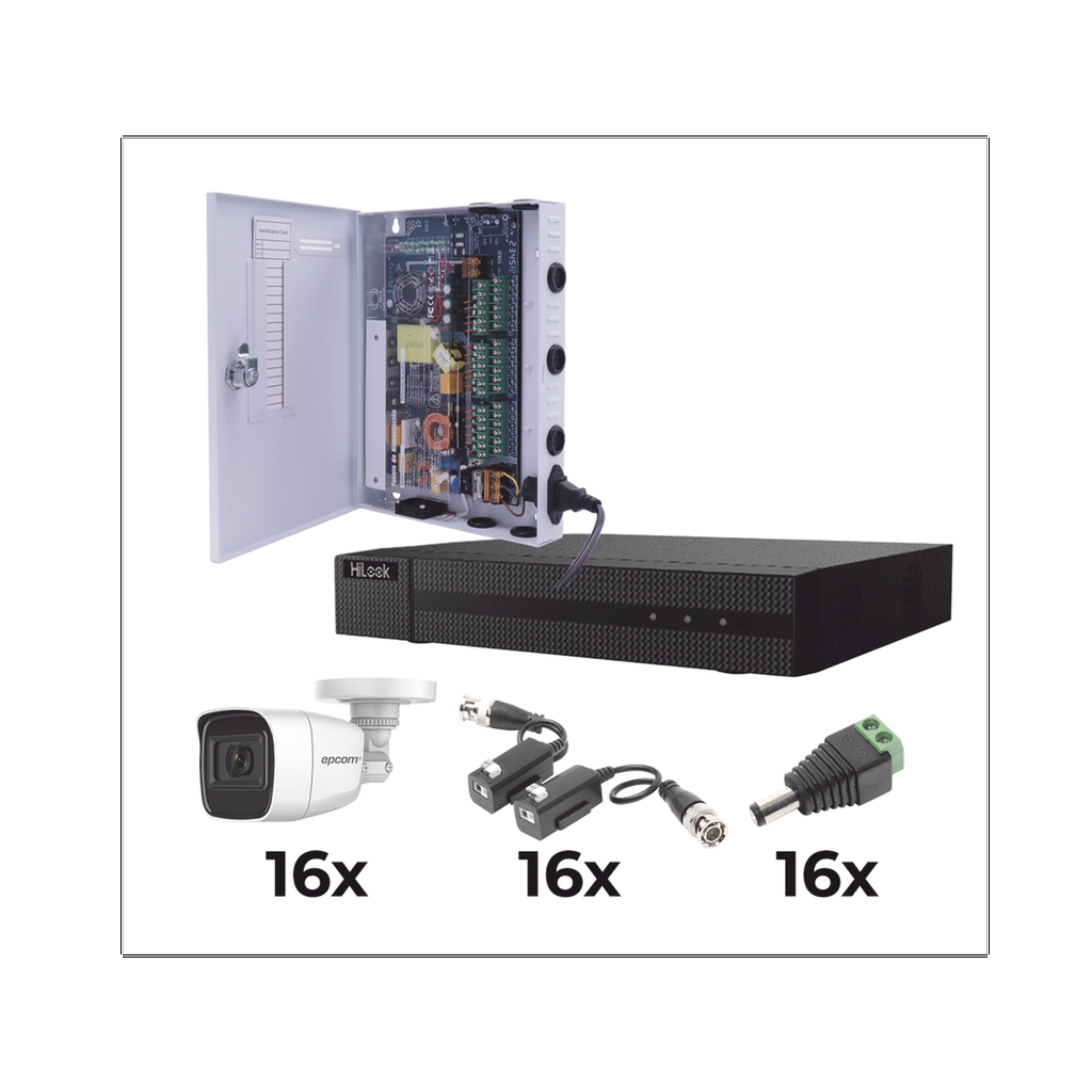KIT TurboHD 1080p / DVR 16 Canales / 16 Cámaras Bala Policarbonato con Microfono (exterior 2.8 mm) / Transceptores / Conectores / Fuente de Poder Profesional