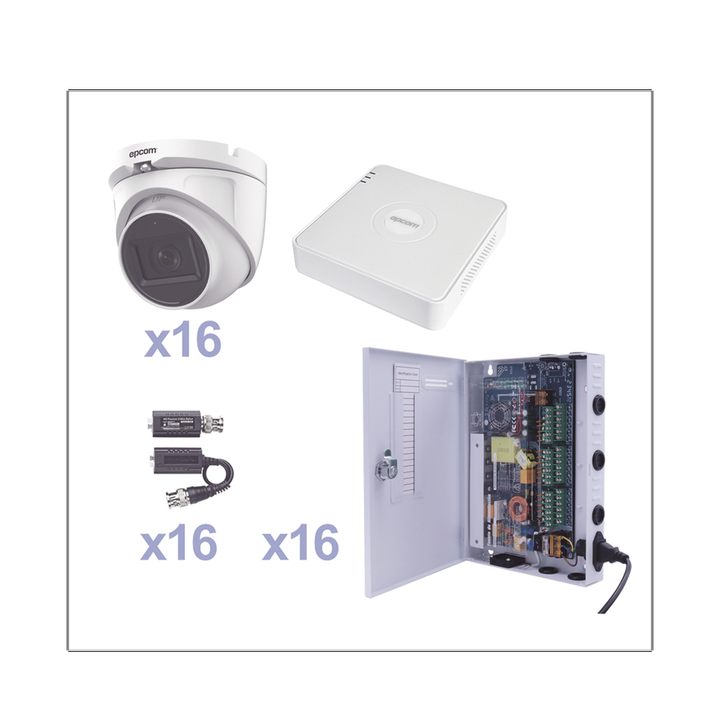 KIT TurboHD 1080p Lite / DVR 16 Canales / 16 Cámaras Eyeball  Exterior ( 2.8mm) / Transceptores / Conectores / Fuente de Poder Profesional