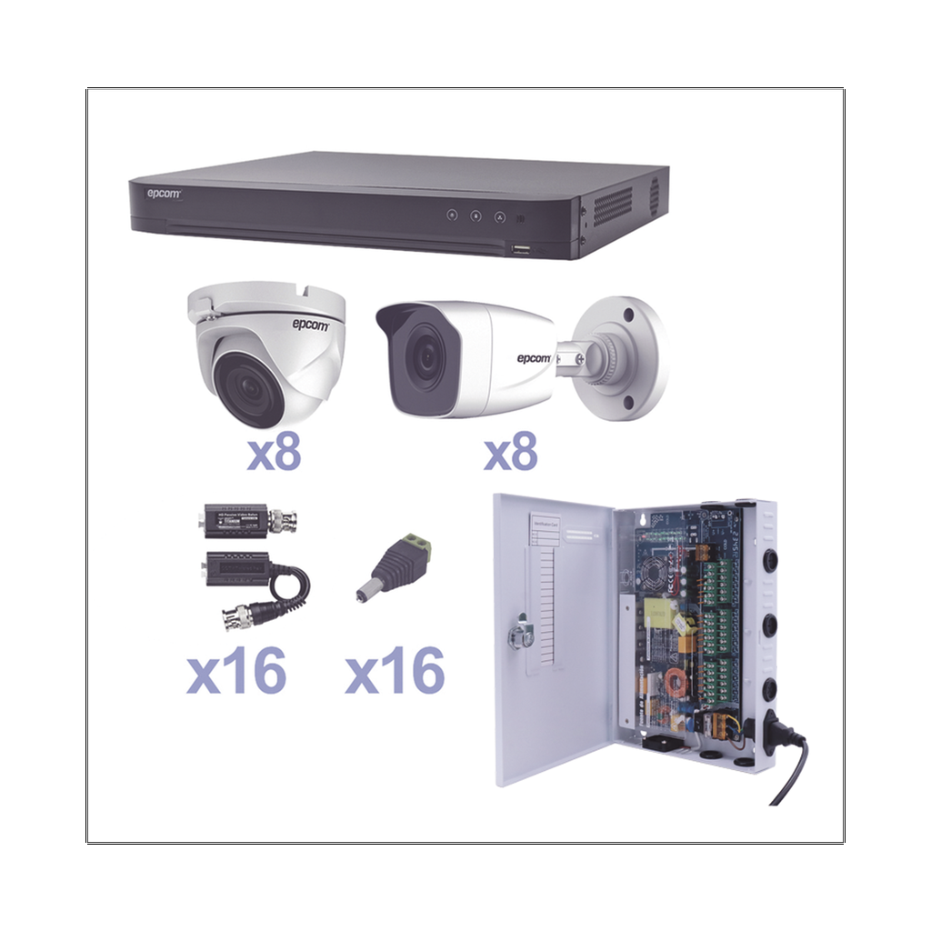 KIT TurboHD 1080p / DVR 16 Canales / 8 Cámaras Bala (exterior 2.8 mm) / 8 Cámaras Eyeball (exterior 2.8 mm) / Transceptores / Conectores / Fuente de Poder Profesional