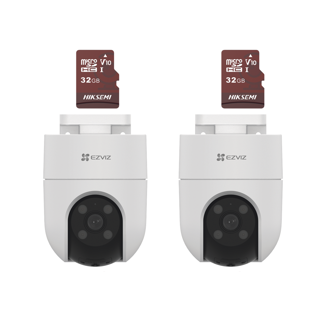 Kit de Camaras WiFi, Incluye 2 Piezas CS-H8C y 2 Piezas HS-TF-E1/32G / Audio de Dos Vías / Detección de Movimiento /  Luz Estroboscópica / Sirena  /  Uso en Exterior con Protección
