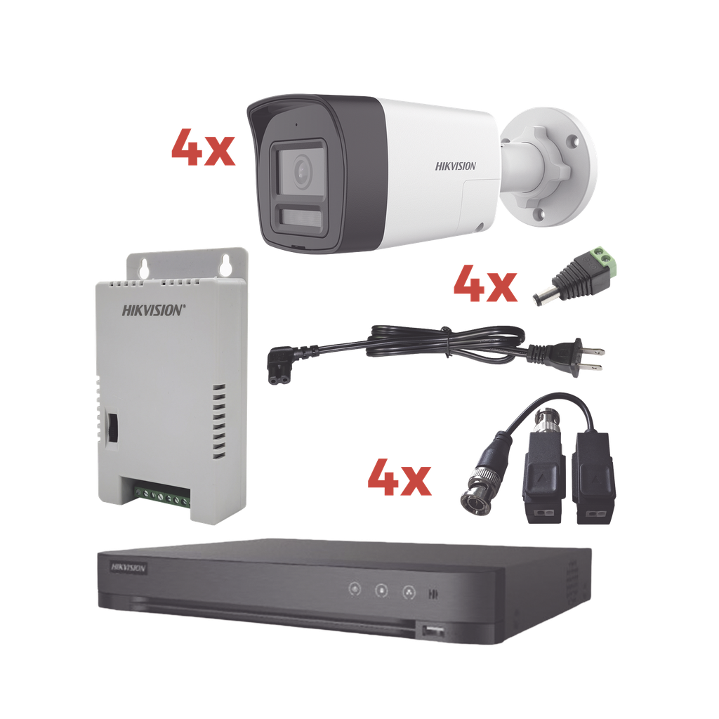 [KH-1080P-4B-TWA] Kit Audio Bidireccional TurboHD 1080p / DVR 4 Canales / 4 Cámaras Bala (Exterior) con Bocina y Microfóno Integrado / 1 Fuente de Poder / Accesorios