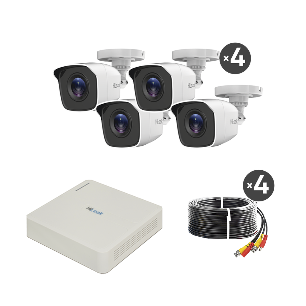 [KIT7204BM(C)] Kit TurboHD 720p / DVR 4 canales / 4 Cámaras Bala de Metal / 4 Cables 18 Mts / H.265+ / 1 Fuente de Poder Profesional / Accesorios de Instalación
