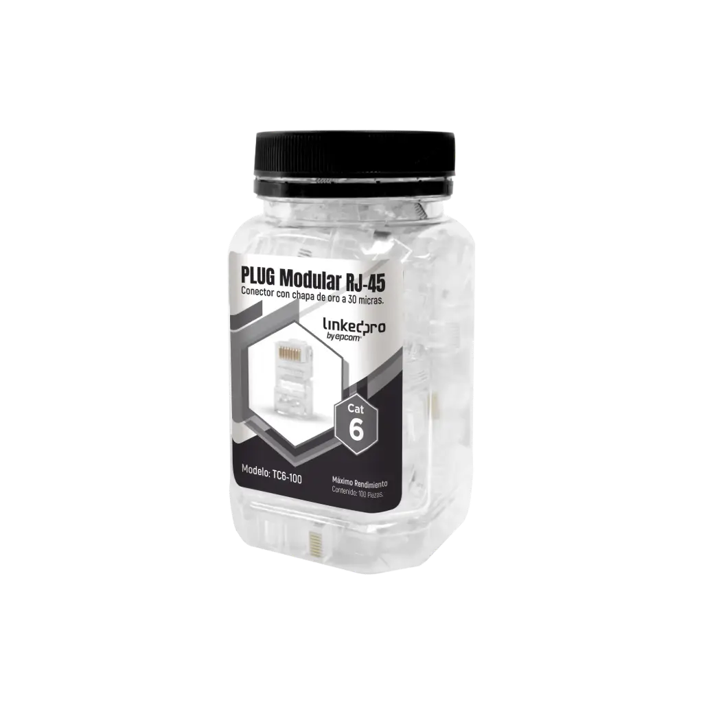 [TC6-100] Bote con 100 Piezas de Plug Modular RJ45 Cat6 sin blindaje, chapado de oro a 30 micras para durabilidad extrema