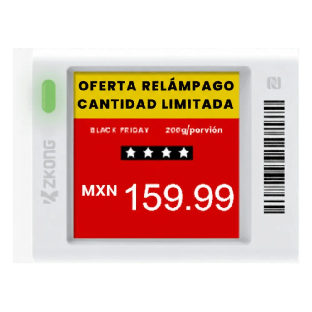 [ZKC15V] Etiqueta Electrónica de Estantería ESL 1.5" / Pantalla EPD Gráfica Matriz de Puntos 152x152 píxeles / 4 Colores (Negro Blanco Rojo Amarillo) / BLE 5.0 con Encriptación AES-128 / Autonomía 3 Años con 4