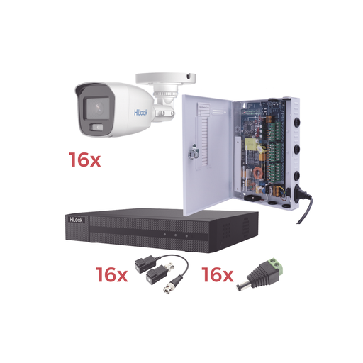 [HL1080PL/16BCA] Kit TurboHD 1080p Lite / DVR 16 Canales / 16 Cámaras Bala Exterior ( 2.8mm) con ColorVu + Micrófono Integado / Transceptores / Conectores / Fuente de Poder Profesional