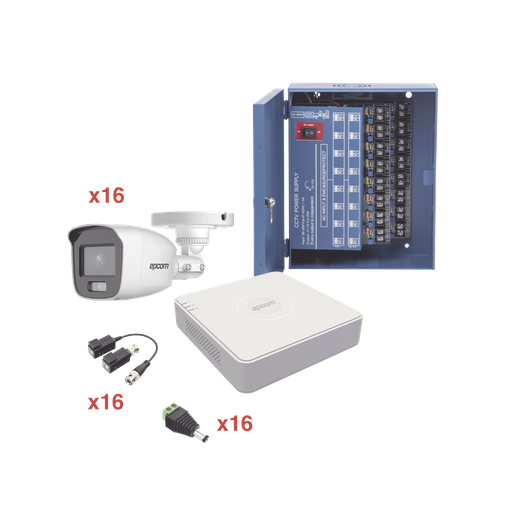 [KE1080PL/16BCA] Kit TurboHD 1080p Lite / DVR 16 Canales / 16 Cámaras Bala Exterior ( 2.8mm) con ColorVu + Micrófono Integado / Transceptores / Conectores / Fuente de Poder Profesional