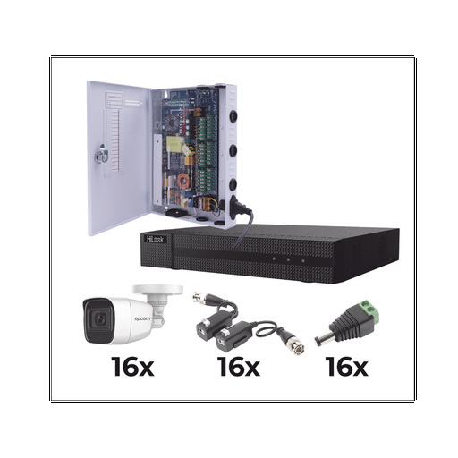 [KESTX8T16BGP/A] KIT TurboHD 1080p / DVR 16 Canales / 16 Cámaras Bala Policarbonato con Microfono (exterior 2.8 mm) / Transceptores / Conectores / Fuente de Poder Profesional