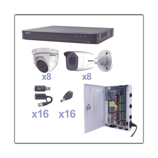 [KEVTX8T8B/8EW] KIT TurboHD 1080p / DVR 16 Canales / 8 Cámaras Bala (exterior 2.8 mm) / 8 Cámaras Eyeball (exterior 2.8 mm) / Transceptores / Conectores / Fuente de Poder Profesional
