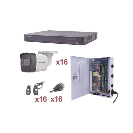 [KH1080P16BW] KIT TurboHD 1080p / DVR 16 Canales / 16 Cámaras Bala (exterior 2.8 mm) / Transceptores / Conectores / Fuente de Poder Profesional
